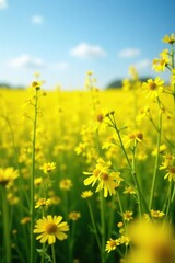 Obraz premium Sunny field of bright yellow rapeseed flowers swaying gently in the breeze, spring, field, wildflowers