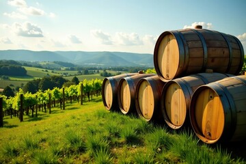 Obraz premium Wooden barrels stacked on a hillside in a vineyard, barrels, vino