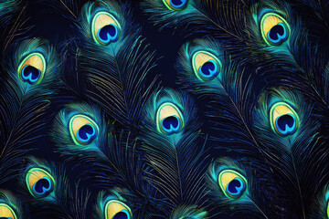 Obraz premium Luxurious design of peacock feathers in vibrant blues and greens on a dark navy background enhances elegance and sophistication in decor