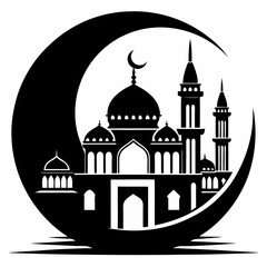 Silhouette of a Mosque and Crescent Moon, Ideal for Islamic Celebrations