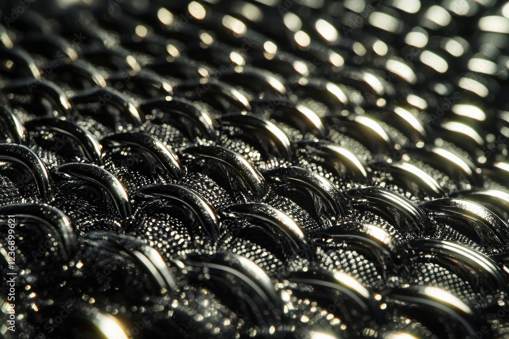 Poster macro shot showcases intricate details of metallic chainmail fabric with sharp reflections and a fut