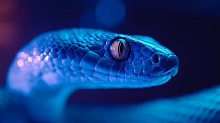 Fototapeta premium Close-up of a blue snake with striking scales and an intense gaze, set against a colorful, blurred background