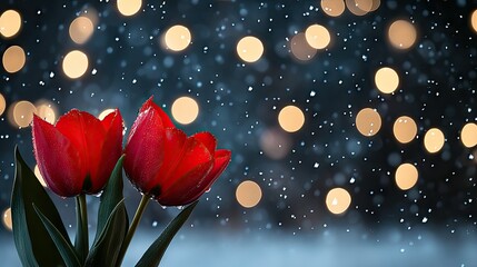 Obraz premium Amidst a gentle snowfall, bright red tulips stand out vibrantly, while soft, blurred golden lights enhance the cozy winter atmosphere