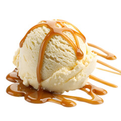Tasty ice cream ball with caramel sauce on white background