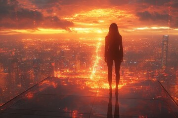 Fototapeta premium Solitary figure contemplating the sci fi cityscape at dramatic sunset