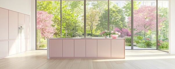 A sleek minimalist kitchen and living space with blush pink cabinets