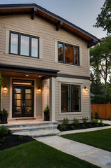 Luxury Modern Home Exterior at Dusk: Elegant Design, Landscaping, and Architectural Details