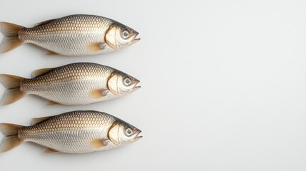Obraz premium A vibrant display of freshly caught fish is artfully arranged in a neat line upon a spotless surface, ready for cooking or sale