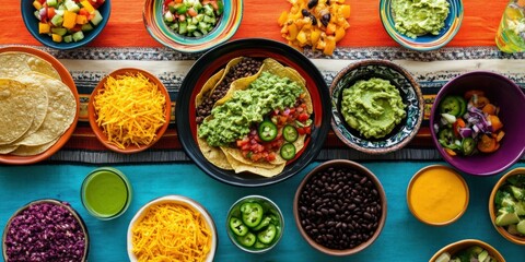 Colorful spread of Mexican food featuring tacos, guacamole, and fresh toppings, ideal for food blogs, restaurants, and culinary promotions.