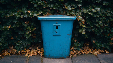 Blue metal bin against ivy wall, autumn leaves; waste disposal, urban scene