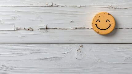A cheerful smiley face magnet is placed on a rustic white wooden surface, radiating a delightful sense of happiness and positivity