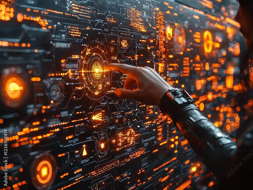 Poster futuristic interface analyzing ambiguous signal with glowing icons reflecting doubt in calculated en