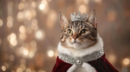 Cat wearing a crown and royal attire poses against a shimmering background during a festive occasion