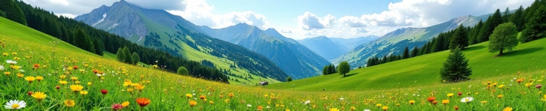 Rolling hills of Arabba valley with lush greenery and wildflowers, mountain meadow, dolomites scenery, mountain flowers
