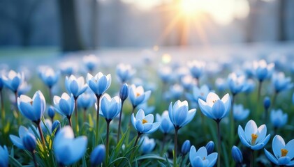 A field of blue white flowers sways gently in the breeze on a cold winter morning, bloom, field