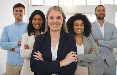 Employees, woman and arms crossed in office for finance, group portrait and together for teamwork....