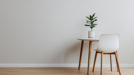 Minimalist room with white table, chair, and potted plant