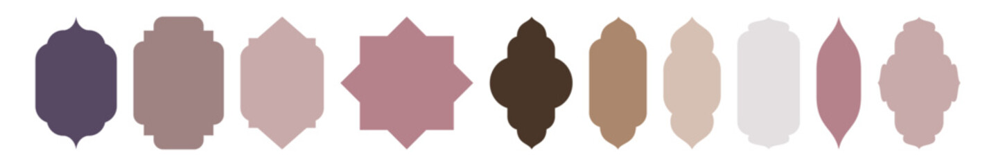 Vector set of flat mosque gates, doors and windows. Oriental style Islamic arches, labels, logo templates. Morocco inspired simple shapes. Indian architecture icons. Muslim frames. Lantern shapes