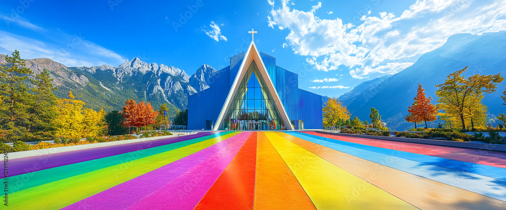 Poster A colorful rainbow pavement leads to a modern building with sharp architecture, set against a stunning mountain backdrop, symbolizing creativity and vibrant design.