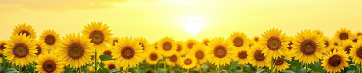 Fototapeta premium A field of sunflowers against a bright sunny yellow and white striped wallpaper background, landscape, wallpaper, garden