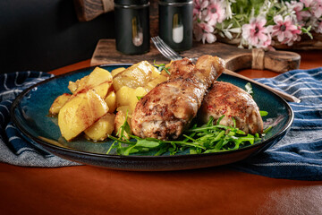 Baked chicken drumsticks with potatoes.