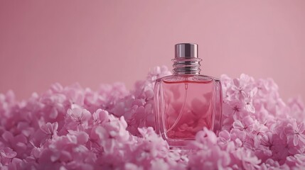 Pink perfume bottle amidst flowers on a pink background