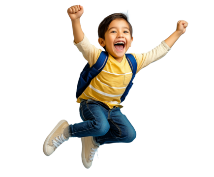 happy school child boy jumping for joy on transparent background