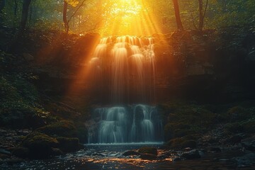 Obraz premium Majestic Waterfall Cascading Down Moss Covered Rocks with Sunlight Streaming Through Lush Forest Foliage