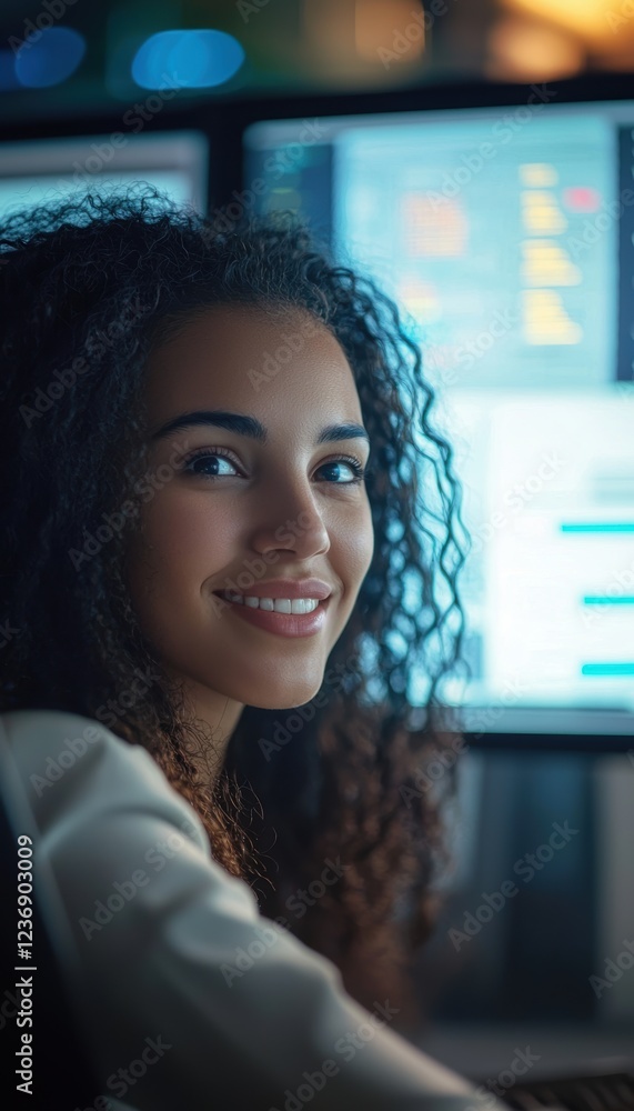 Aufkleber friendly call center agent engaging with clients, performance dashboard in view