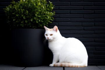 White cat sitting beside a dark planter with lush green foliage against a textured black wall
