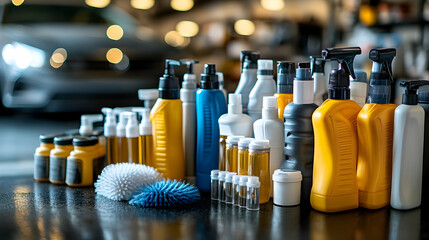 Car detailing products displayed in showroom.  Background blurred. Use advertising