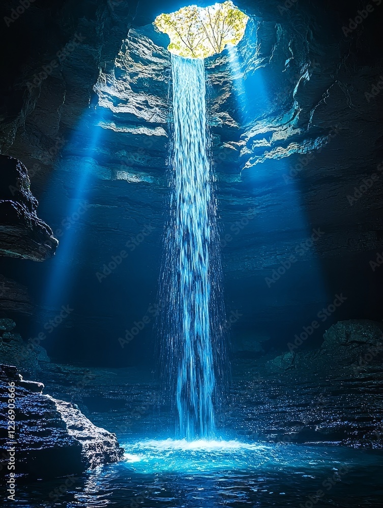 Poster mesmerizing hidden waterfall cascading through illuminated cave