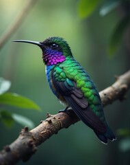 Fototapeta premium A green and purple hummingbird is perched on a branch. The bird is small and colorful, with a long beak. Concept of tranquility and beauty, as the bird is in its natural habitat
