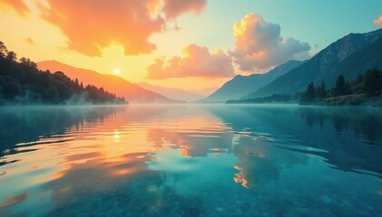 Orange and cyan tones flowing into a serene lake, cyan, reflection
