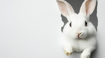 Obraz premium White rabbit emerges playfully from a hole in a wall showcasing its curious nature in a bright, minimalist setting