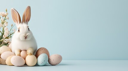 Fototapeta premium Cute rabbit surrounded by decorative pastel eggs and flowers in a light blue setting during the Easter celebration