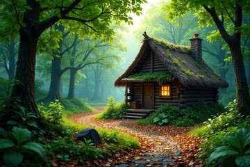 Forest floor features a secluded thatched hut, leaves, cabin life