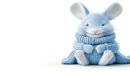 Fototapeta premium Cute blue bunny wearing a cozy knit sweater sitting comfortably with a joyful expression on a plain background