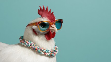 Chicken wearing sunglasses and decorative necklace poses against a light blue background in a fun and quirky setting