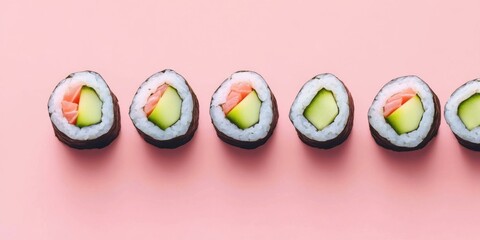 Colorful sushi rolls on a pink background, ideal for food blogs, restaurant menus, and culinary promotions.