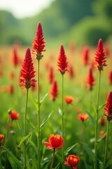 A field of tall, blooming flowers with bright red seeds, flower fields, greenery