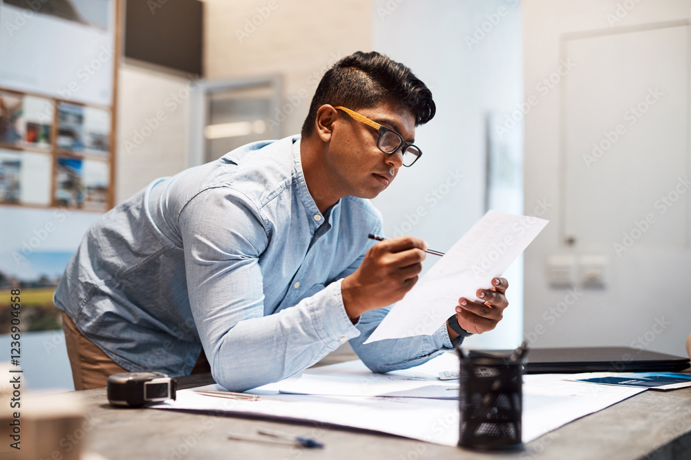 Poster man, architecture and reading document in office of property design, floor plan and project report. 