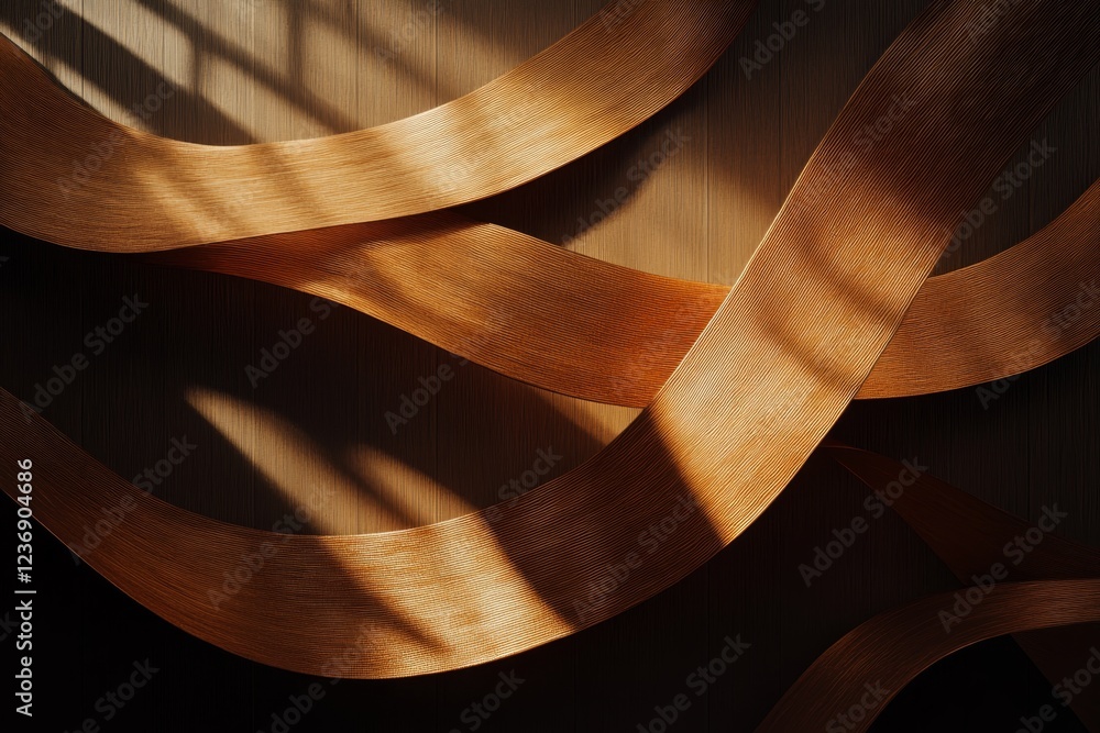 Poster elegant abstract art featuring flowing bronze ribbons and soft shadows on textured background