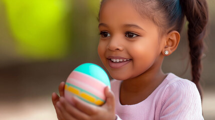 happy african americal young girl holds easter egg, easter holiday girl portrait