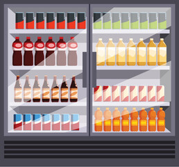 Fototapeta premium Glass door refrigerator in supermarket displaying variety of bottled and canned drinks, juices, beers, and sodas