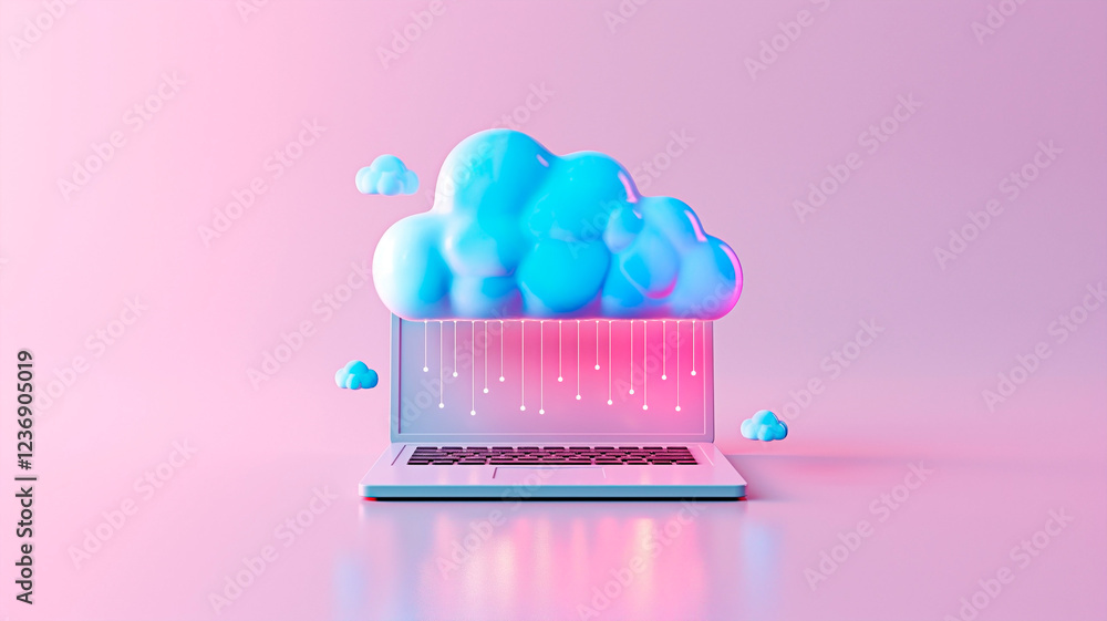 Poster a creative depiction of a laptop with a fluffy digital cloud emerging from its screen. concept of in