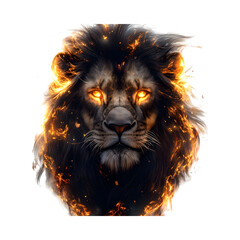 Naklejka premium Regal Lion with Glowing Golden Eyes and Fiery Face Isolated on Transparent Background