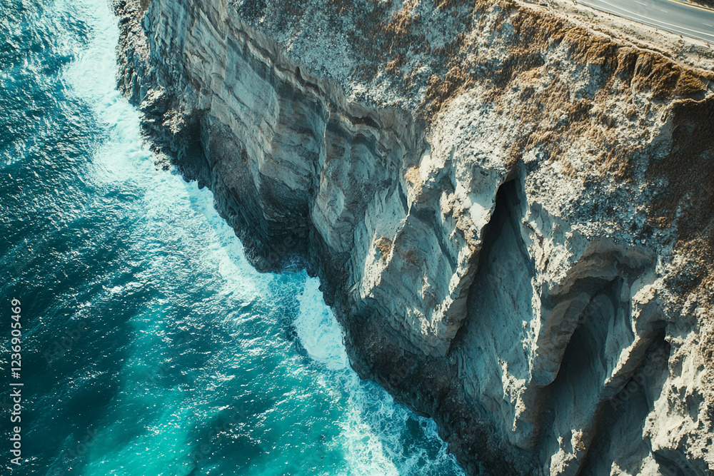 Poster aerial view of a dramatic coastal cliff with turquoise waves crashing against the shore. the image h