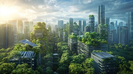 Eco-city sunrise, green buildings, urban forest, sustainable future, environmental concept