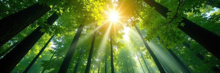 Forest canopy with sunlight filtering through, through, leaves